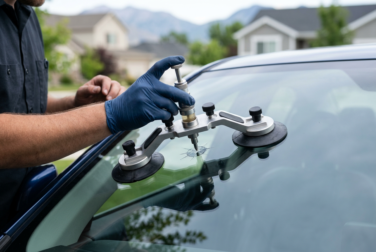 Close-up of professional windshield repair tooling