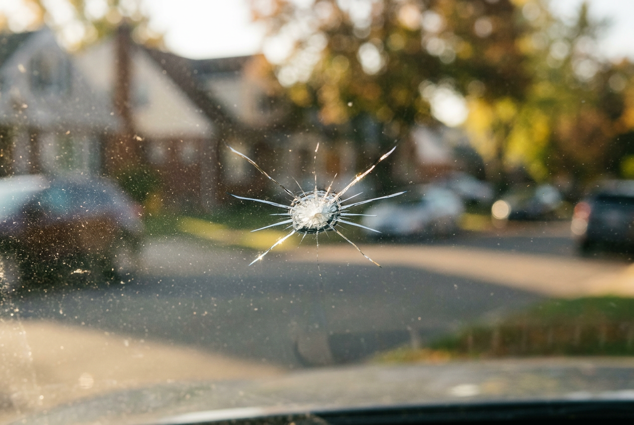 Close-up of a rock chip in a windshield before repair