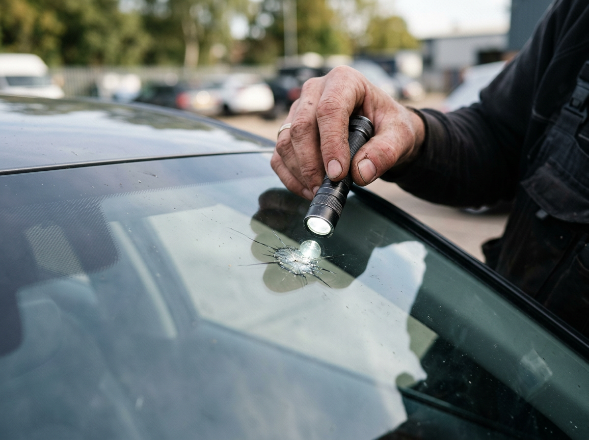 Technician inspecting a windshield chip with a light