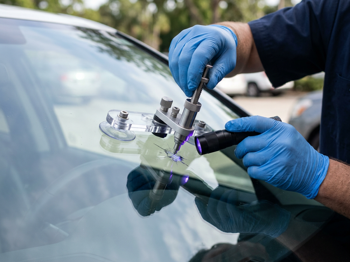 Technician injecting resin into a windshield chip with a UV lamp