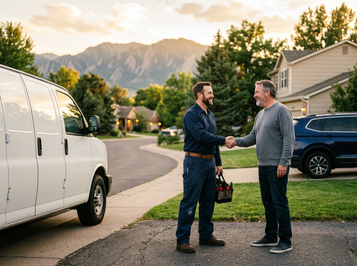 Local technician shaking hands with a customer in a Utah neighborhood