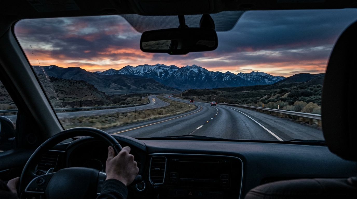 Clear view of a Utah highway and the Wasatch mountains through a repaired windshield