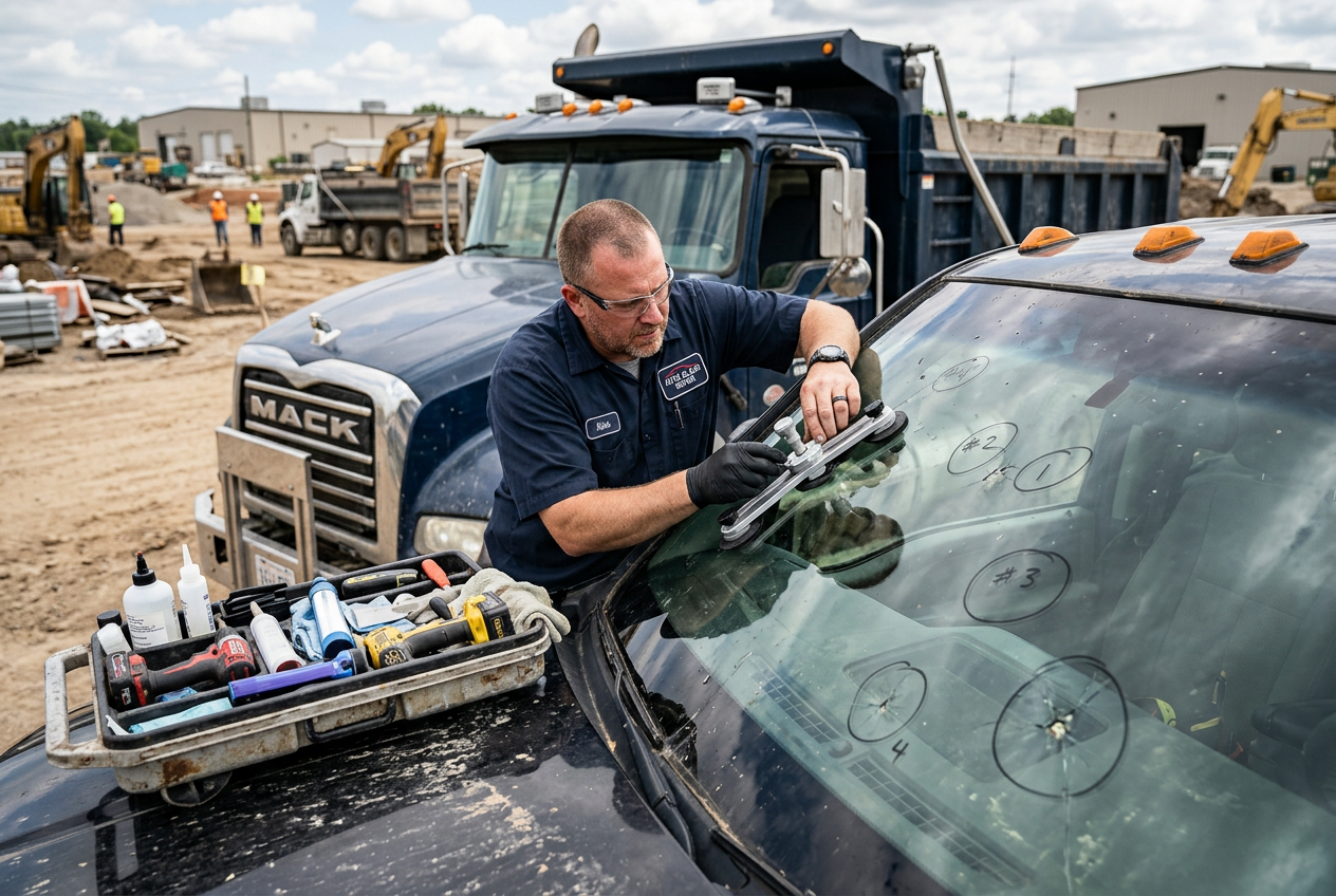Heavy-duty truck windshield with multiple chip repairs during a mobile appointment