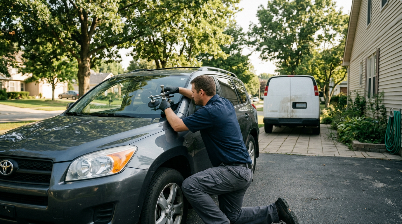 Mobile technician repairing a windshield chip in a driveway