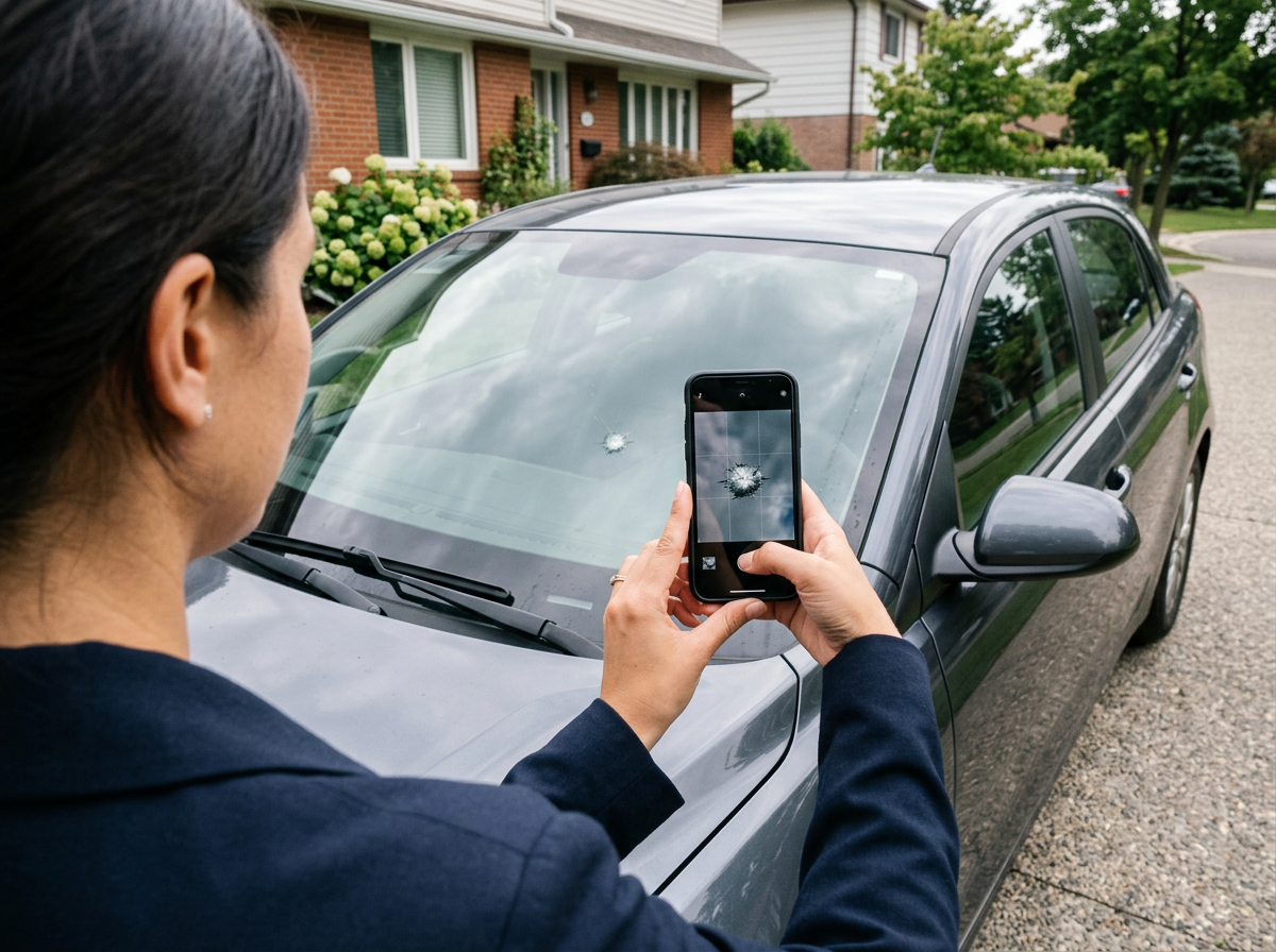 Customer photographing a windshield chip with a smartphone